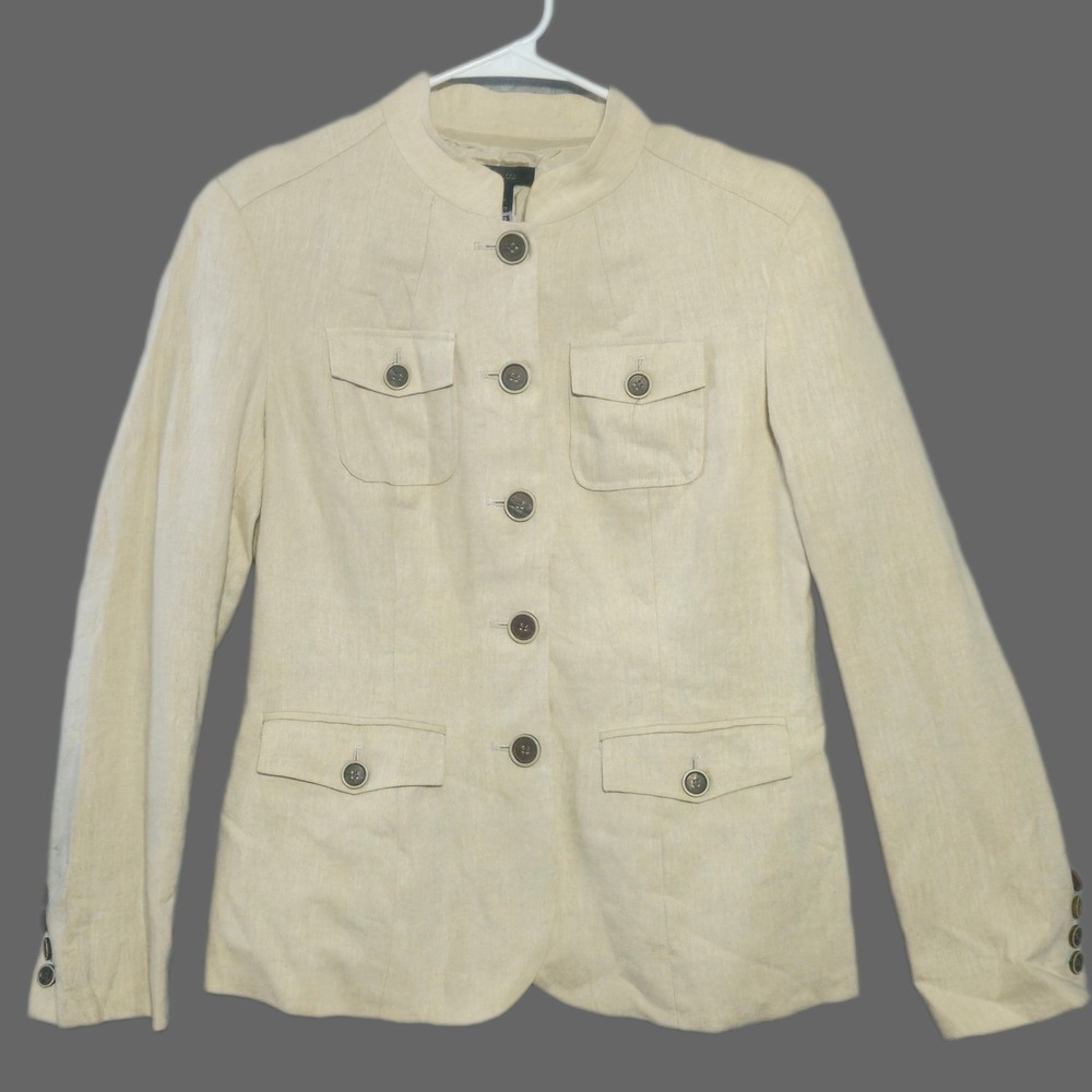 STYLE & CO Linen Jacket Womens 6 Beige Mandarin Collar Button Front Pockets